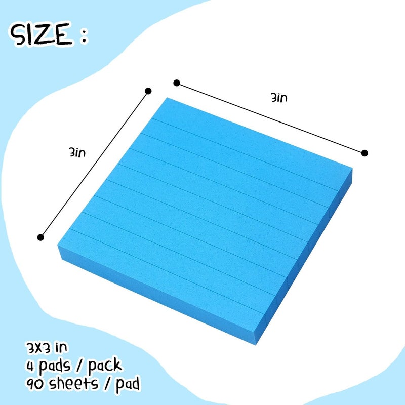 Eastern Wolf Lined Sticky Notes 3x3 Sticky Notes with Lines Self-Stick Notes Bright Color 4 Pads 90 Sheets/Pad (Blue) - Image 2